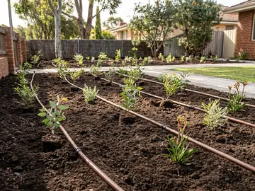 Drip irrigation lines laid in a new garden bed with young native plants