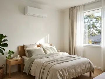 Slim white split system air conditioner above a bed head in a modern bedroom